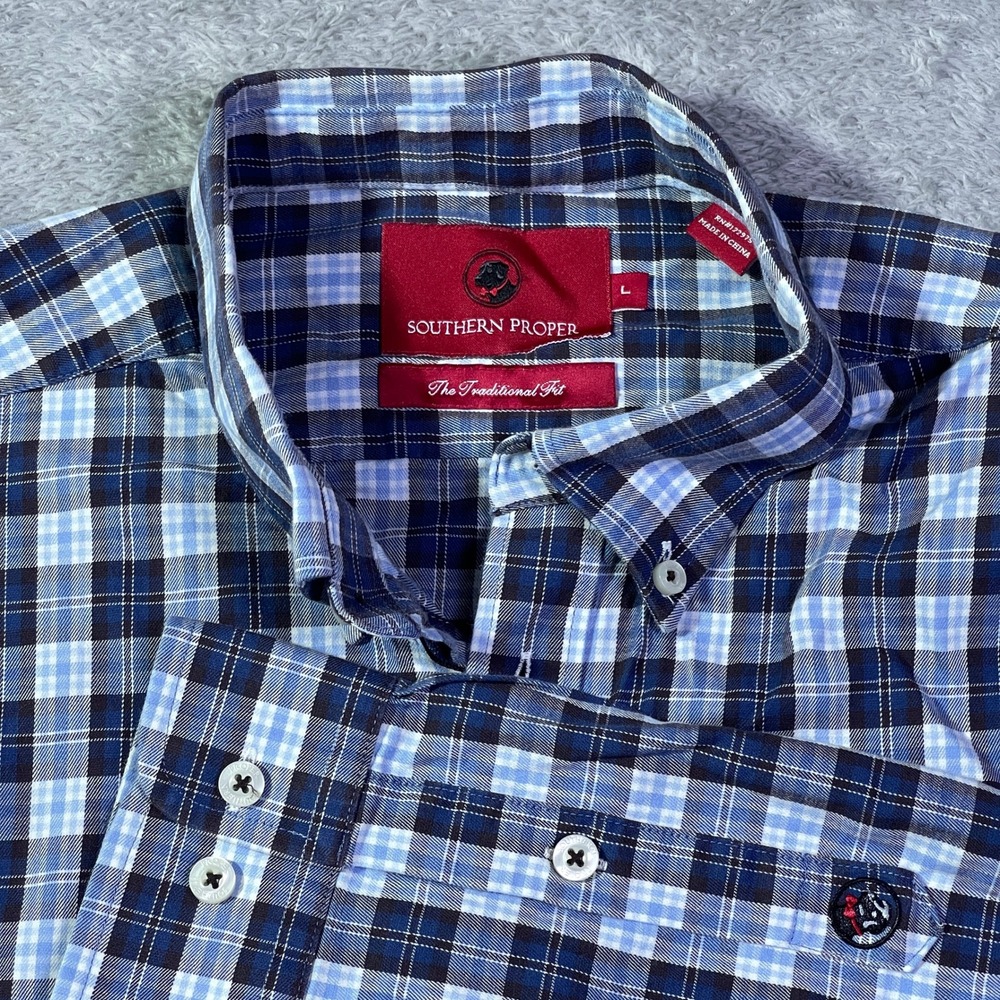 Southern Proper Men's Blue Plaid Button Down Long Sleeve Shirt‎